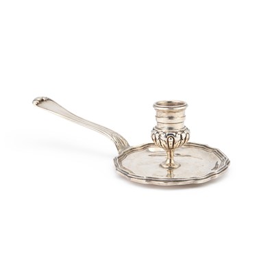 Lot 182 - A MID-18TH CENTURY FRENCH SILVER CHAMBERSTICK