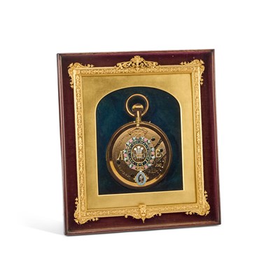 Lot 63 - A FRAMED GOUACHE PAINTING OF A POCKETWATCH WITH CORONET AND CREST