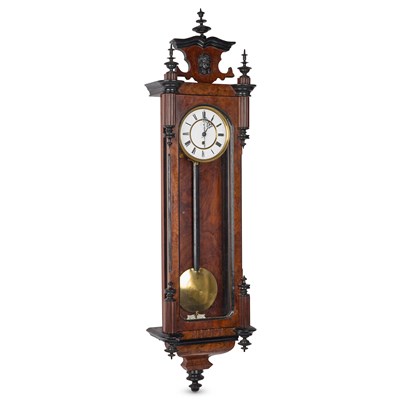 Lot 712 - A 19TH CENTURY BURR WALNUT AND EBONISED VIENNA PATTERN WALL CLOCK