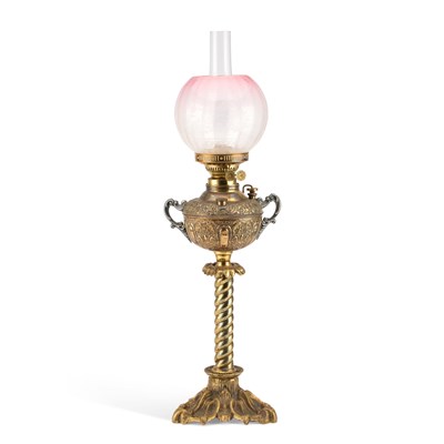 Lot 115 - AN IMPRESSIVE AMERICAN BRASS AND METAL OIL LAMP