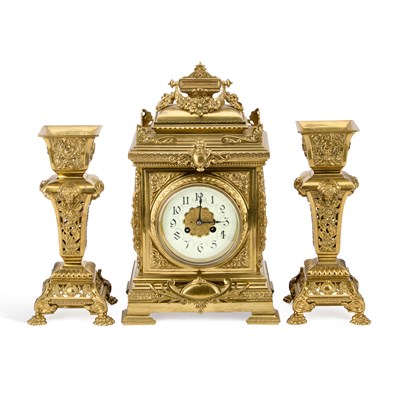 Lot 899 - A 19TH CENTURY FRENCH BRASS CLOCK GARNITURE