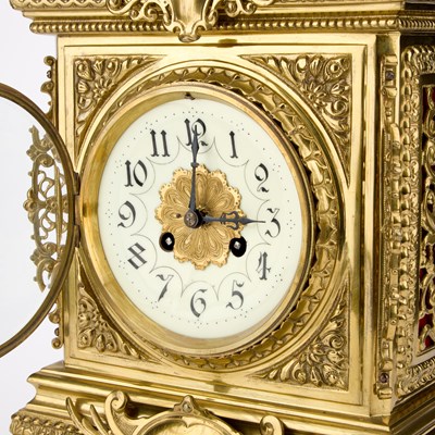 Lot 899 - A 19TH CENTURY FRENCH BRASS CLOCK GARNITURE