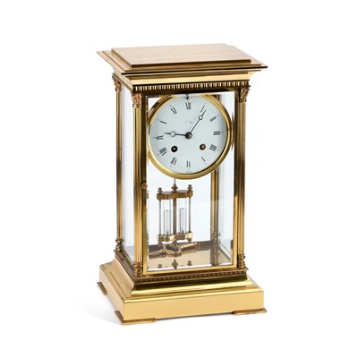 Lot 705 - A FRENCH BRASS AND FOUR-GLASS MANTEL CLOCK BY L'EPEE