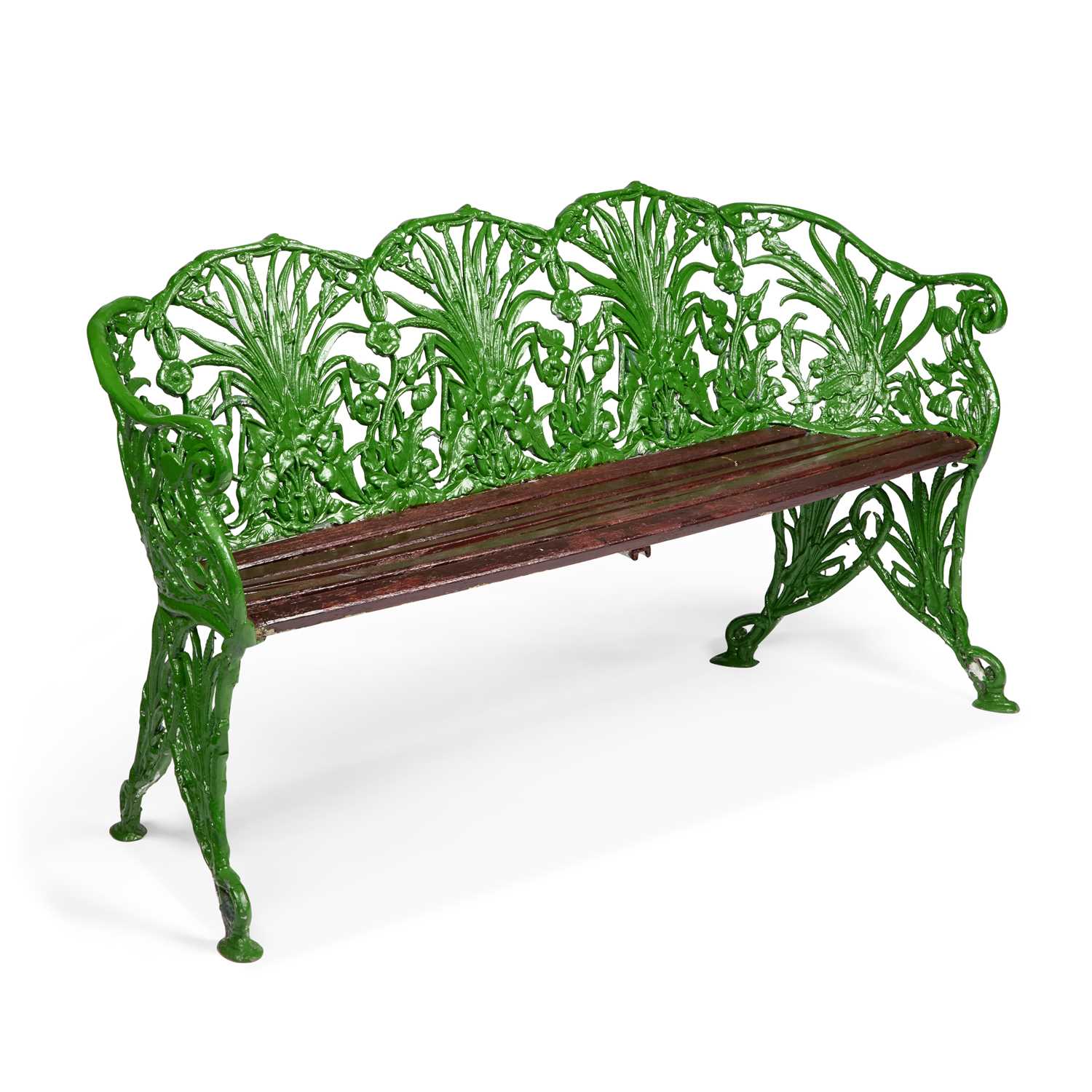 Lot 878 - A COALBROOKDALE STYLE GREEN-PAINTED METAL GARDEN BENCH