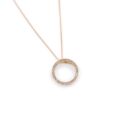 Lot 415 - A 9 CARAT GOLD DIAMOND HOOP PENDANT ON FINE CHAIN NECKLACE