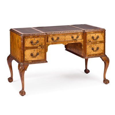 Lot 748 - A GEORGIAN STYLE BURR WALNUT DESK, CIRCA 1920