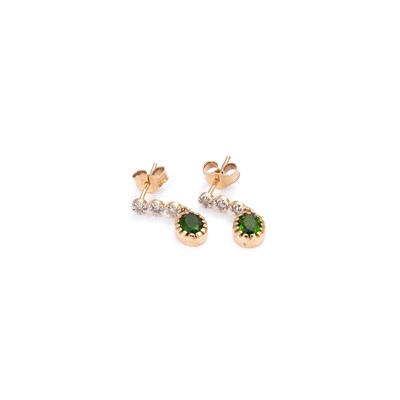 Lot 445 - A PAIR OF DIOPSIDE AND DIAMOND PENDANT EARRINGS