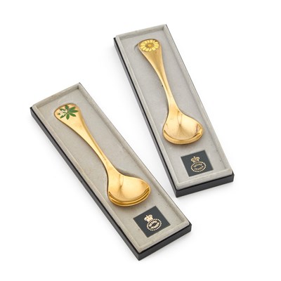 Lot 178 - GEORG JENSEN: TWO DANISH STERLING SILVER-GILT AND ENAMEL SPOONS