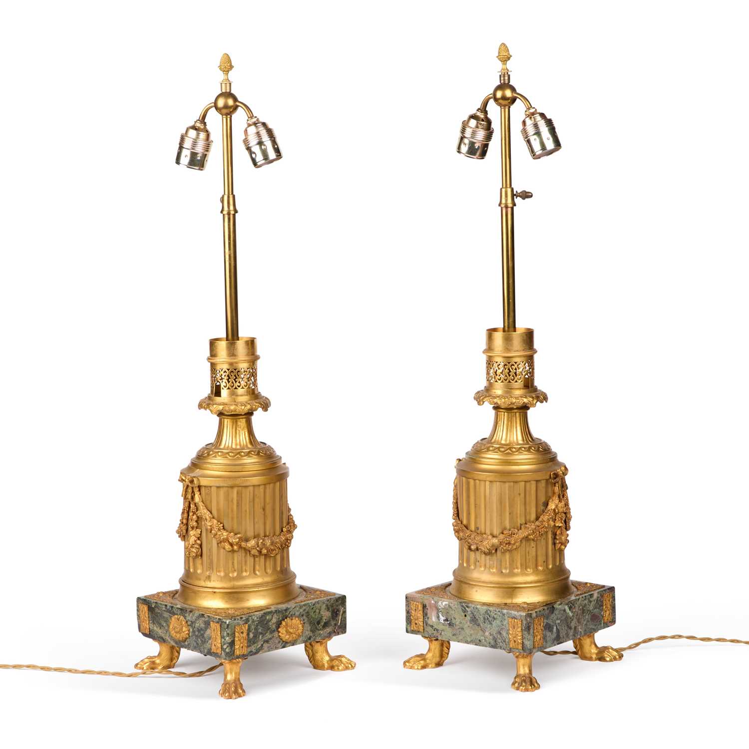 Lot 220 - A LARGE PAIR OF LOUIS XVI STYLE ORMOLU AND GREEN MARBLE TABLE LAMPS