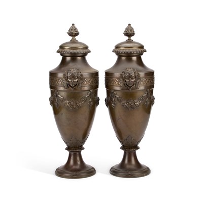 Lot 250 - A LARGE PAIR OF 19TH CENTURY BRONZE LIDDED VASES