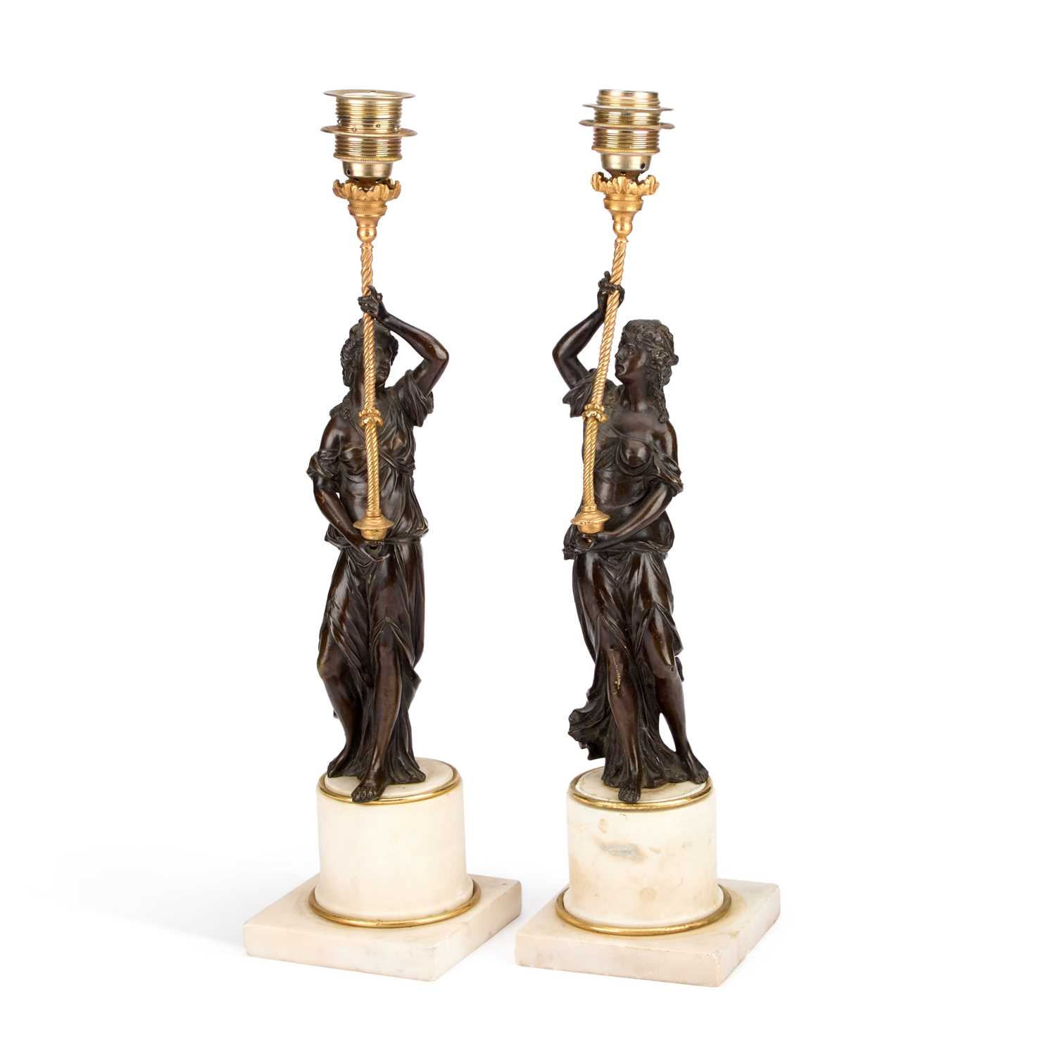 Lot 784 - A PAIR OF 19TH CENTURY FRENCH BRONZE AND MARBLE FIGURAL TABLE LAMPS