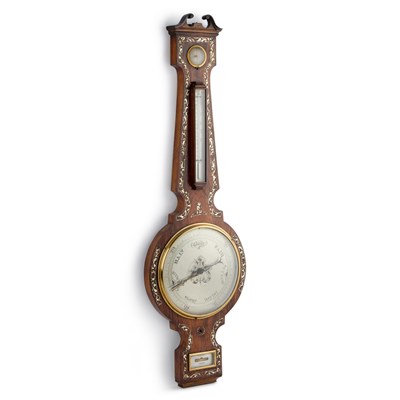 Lot 272 - A MID-19TH CENTURY MOTHER-OF-PEARL INLAID ROSEWOOD BAROMETER