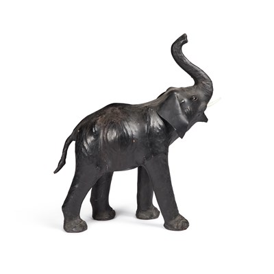 Lot 582 - A LARGE LEATHER-COVERED MODEL OF AN ELEPHANT