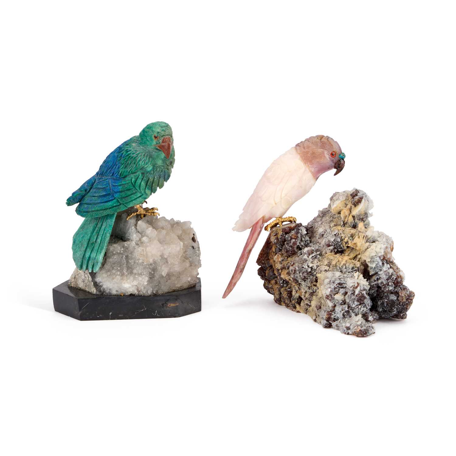 Lot 805 - TWO 20TH CENTURY CARVED HARDSTONE MODELS OF BIRDS PERCHED ON ROCKS