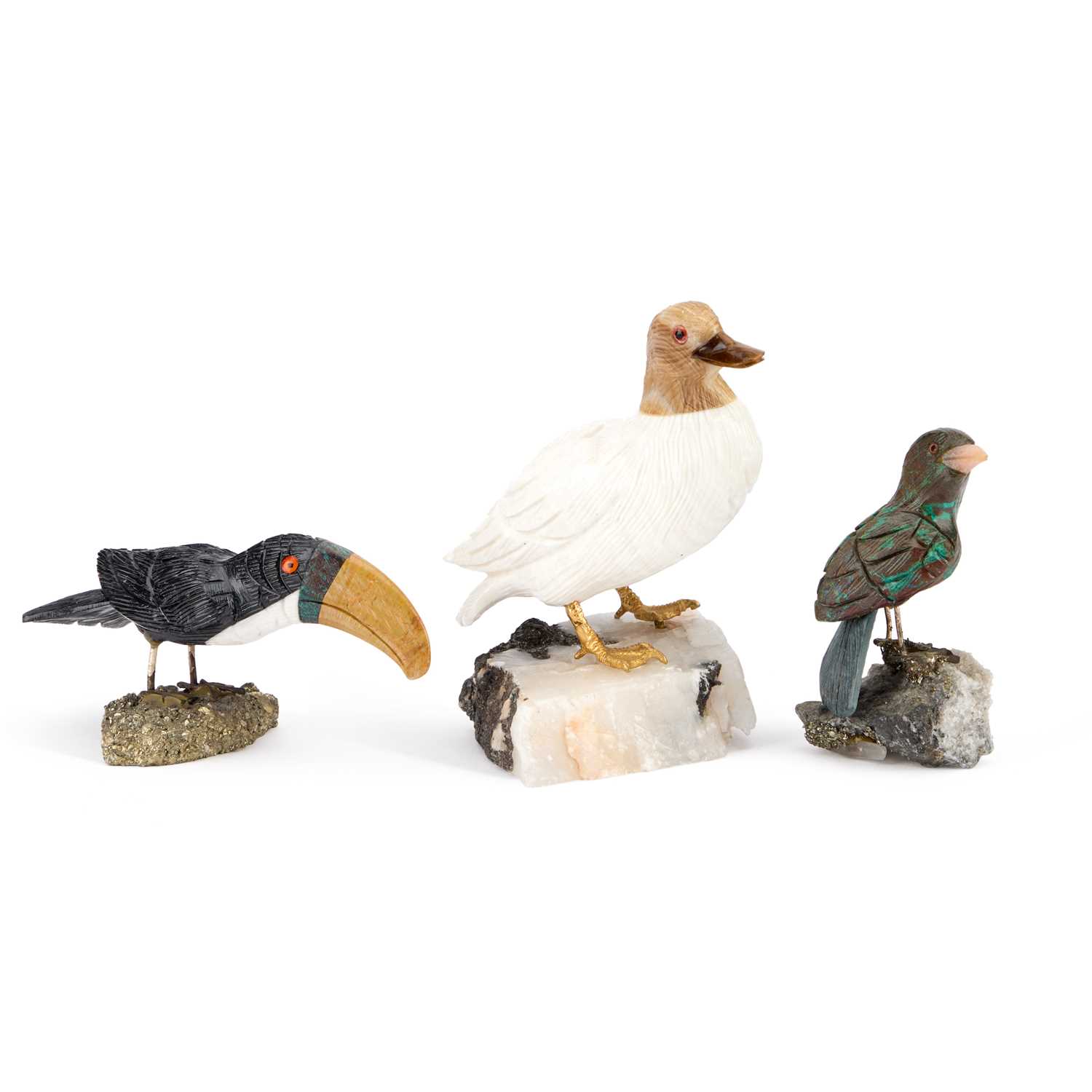 Lot 795 - THREE 20TH CENTURY CARVED HARDSTONE MODELS OF BIRDS