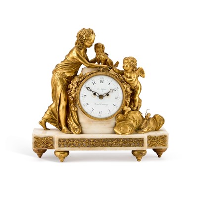 Lot 707 - A REGENCY WHITE MARBLE AND ORMOLU DOUBLE FUSEE FIGURAL MANTEL CLOCK