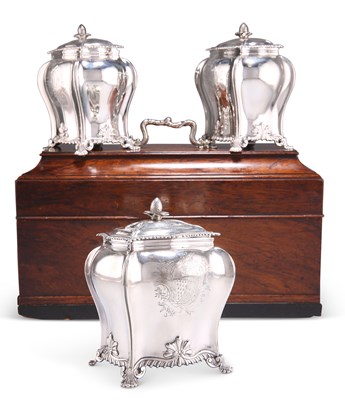 Lot 1419 - A RARE SET OF TWO GEORGE III SILVER TEA CANISTERS AND A SILVER SUGAR BOX, IN ORIGINAL ROSEWOOD CADDY