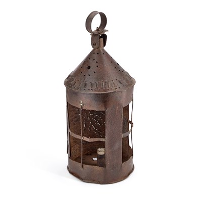 Lot 228 - A 19TH CENTURY PRIMITIVE PIERCED TIN FARMHOUSE LANTERN