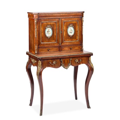 Lot 943 - A LOUIS XV STYLE GILT-METAL AND PORCELAIN-MOUNTED KINGWOOD AND TULIPWOOD BONHEUR-DU-JOUR