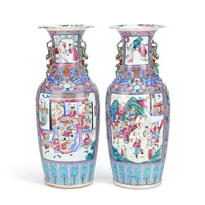 Lot 141 - A LARGE PAIR OF CHINESE FAMILLE ROSE VASES