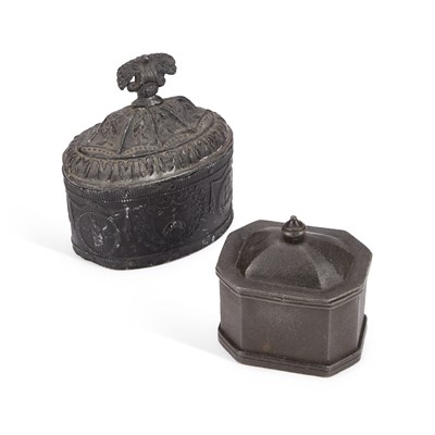 Lot 285 - TWO 19TH CENTURY LEAD TOBACCO JARS AND COVERS