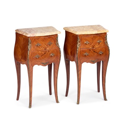 Lot 919 - A PAIR OF LOUIS XV STYLE MARBLE-TOPPED AND MARQUETRY BEDSIDE CABINETS