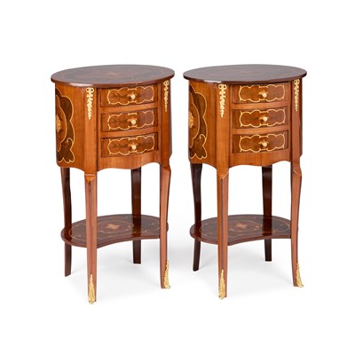 Lot 977 - A PAIR OF LOUIS XV STYLE GILT-METAL MOUNTED INLAID BEDSIDE TABLES