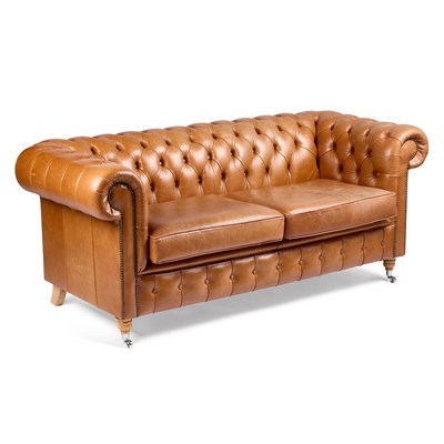 Lot 955 - A TAN LEATHER UPHOLSTERED CHESTERFIELD SOFA