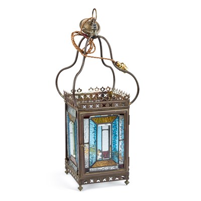 Lot 233 - AN EDWARDIAN BRASS, LEADED AND STAINED GLASS HALL LANTERN