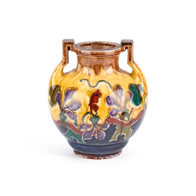 Lot 105 - AN OLD MORAVIAN POTTERY TWO-HANDLED VASE