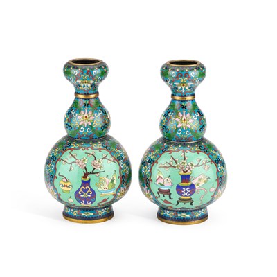 Lot 192 - A PAIR OF CHINESE CLOISONNÉ ENAMEL DOUBLE-GOURD VASES