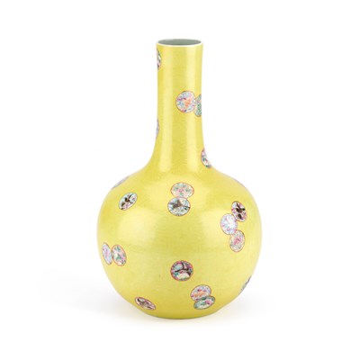 Lot 162 - A CHINESE FAMILLE ROSE SGRAFFITO PORCELAIN BOTTLE VASE WITH A YELLOW GROUND