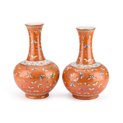 Lot 131 - A PAIR OF CHINESE FAMILLE ROSE 'BUTTERFLY' VASES