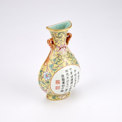 Lot 128 - A CHINESE FAMILLE ROSE WALL VASE WITH A YELLOW-GROUND