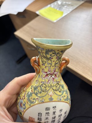 Lot 128 - A CHINESE FAMILLE ROSE WALL VASE WITH A YELLOW-GROUND