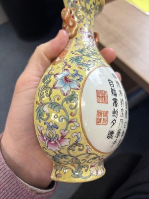 Lot 128 - A CHINESE FAMILLE ROSE WALL VASE WITH A YELLOW-GROUND