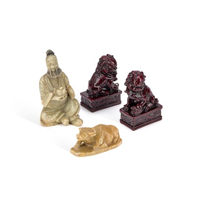 Lot 261 - TWO CHINESE SOAPSTONE CARVINGS AND A PAIR OF RESIN FU DOGS