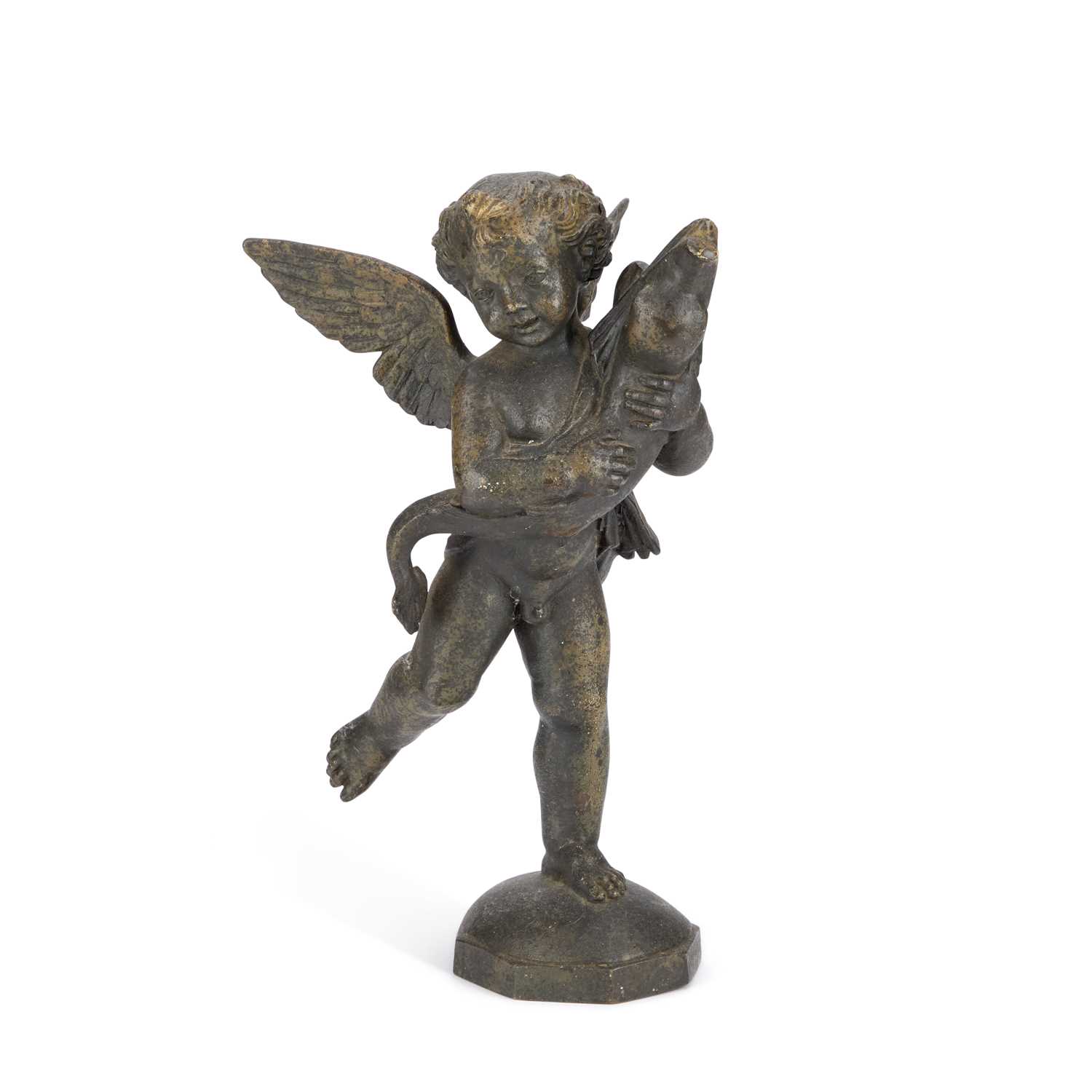 Lot 912 - A 19TH CENTURY CONTINENTAL SCHOOL BRONZE FOUNTAIN MODEL OF A CHERUB HOLDING A DOLPHIN