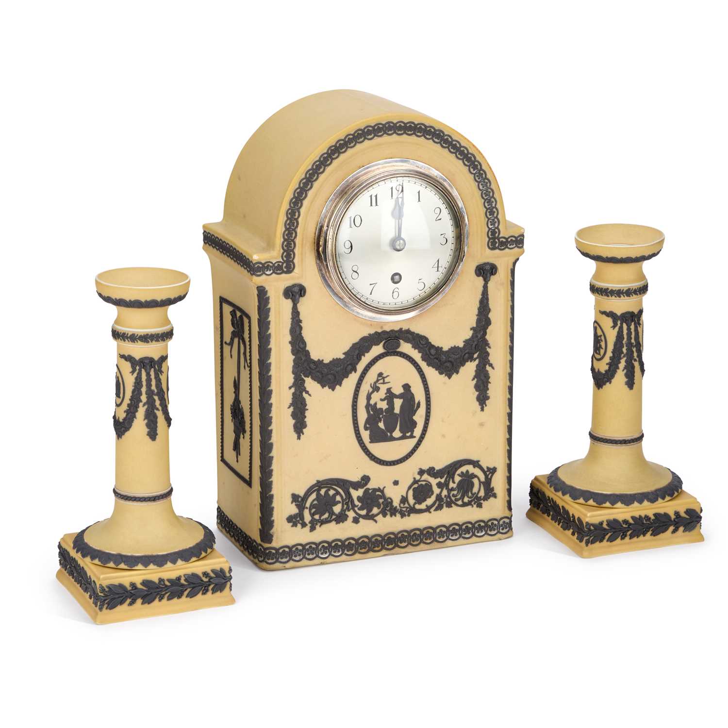 Lot 93 - A WEDGWOOD THREE-COLOUR JASPERWARE CLOCK GARNITURE, CIRCA 1900