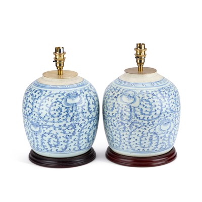 Lot 81 - A PAIR OF 19TH CENTURY CHINESE BLUE AND WHITE GINGER JARS CONVERTED TO LAMPS