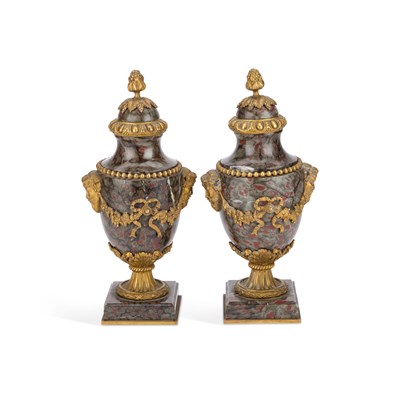 Lot 221 - A PAIR OF 19TH CENTURY FRENCH GILT-BRONZE MOUNTED MARBLE VASES