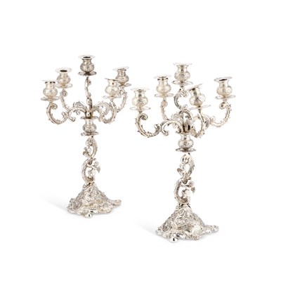 Lot 310 - A LARGE PAIR OF 19TH CENTURY GERMAN SILVER FIVE-LIGHT CANDELABRA