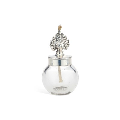 Lot 362 - AN EDWARDIAN SILVER-MOUNTED GLASS NOVELTY TABLE LIGHTER