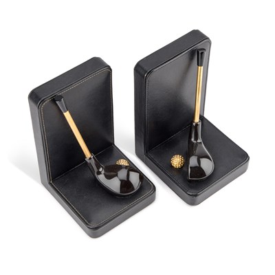 Lot 353 - A PAIR OF ASPREY LEATHER 'GOLF' BOOKENDS