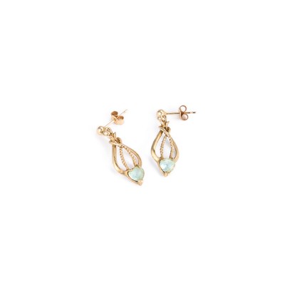 Lot 748 - A PAIR OF SOLITAIRE BLUE TOPAZ PENDANT EARRINGS