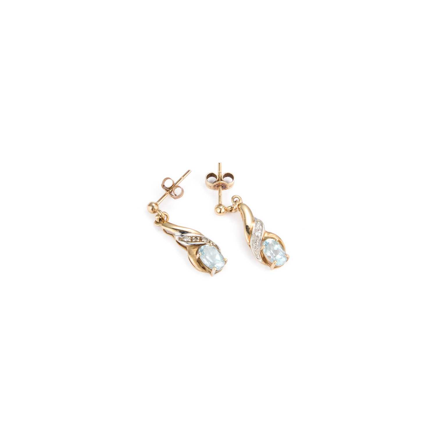 Lot 777 - A PAIR OF BLUE TOPAZ AND DIAMOND PENDANT EARRINGS