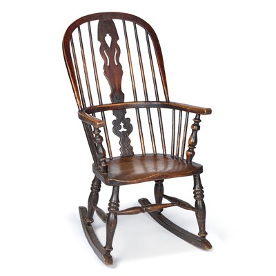 Lot 1058 - A 19TH CENTURY ASH AND ELM WINDSOR ROCKING CHAIR