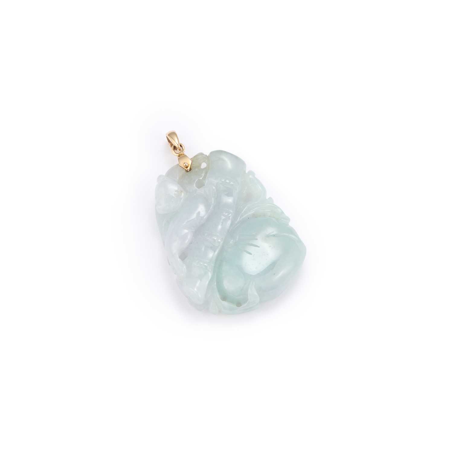 Lot 837 - A CHINESE CARVED JADE ZOOMORPHIC, BAMBOO AND PEACH PENDANT