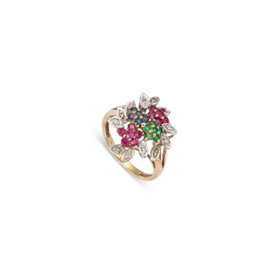 Lot 747 - A 9 CARAT GOLD EMERALD, SAPPHIRE, RUBY AND DIAMOND CLUSTER RING