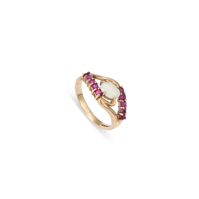 Lot 717 - A 9 CARAT GOLD OPAL AND RUBY RING